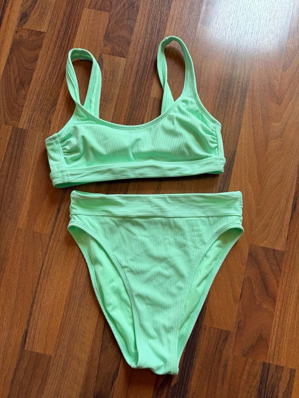 Stoney Clover Lane Ribbed High-Waisted Bikini Set in Mint Green, Size M